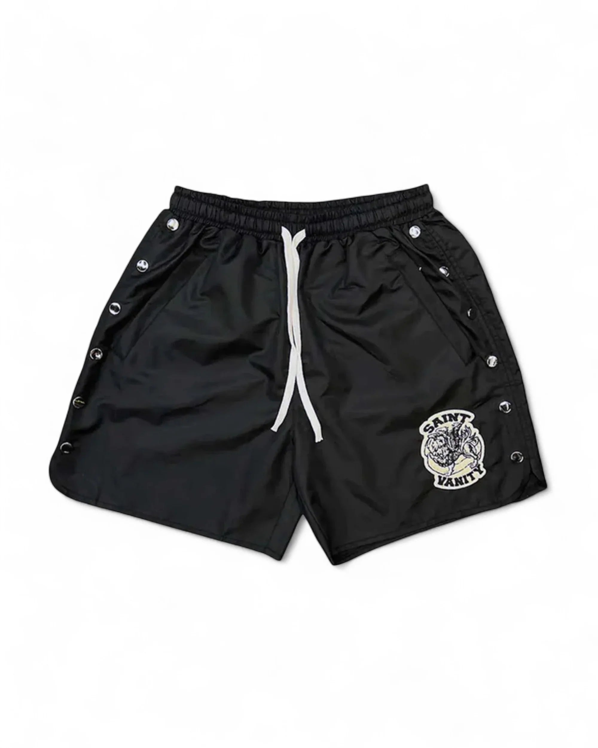 Men's Cargo Shorts With Saint Vanity Embroidered Patch & Metal Button Flaps -Drawstring Waist Utility Shorts For Streetwear